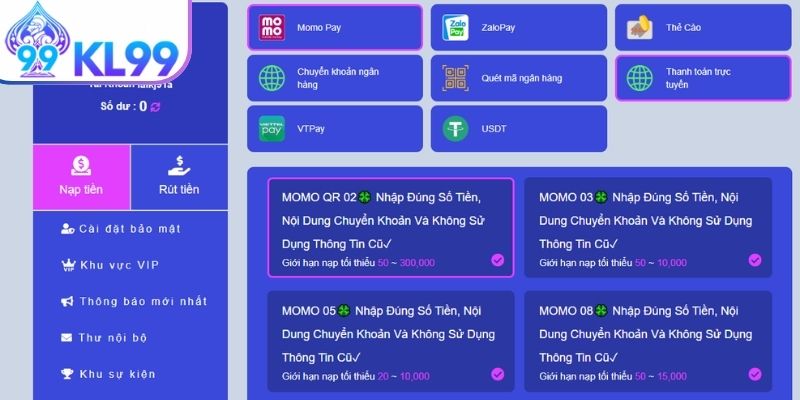 Quy định thành viên cần tuân thủ khi nạp tiền vào KL99
